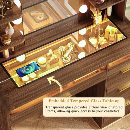 Vanity Desk with Mirror and Lights, Makeup Vanity with 4 Drawers, Transparent Glass Top with RGB Drawers Lighting, Wood Vanity with Charging Station, for Bedroom, Walnut