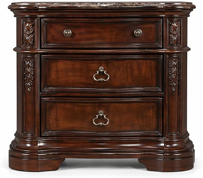 First of a Kind Barney’s Traditional Walnut Nightstand with Marble Top 3 Drawer Wood Bedside Table 32 Inch Curved Frame Circle Knobs Ornate Handles Classic Bedroom Furniture