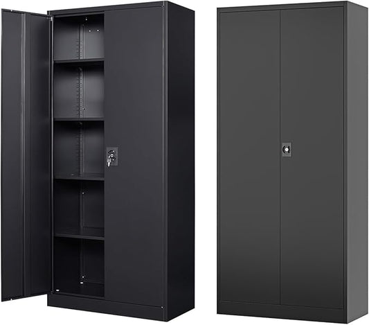 Fesbos Metal Storage Cabinet-71” Tall Steel File Cabinets with Lockable Doors and Adjustable Shelves-Black Steel Storage Cabinet for Home,Kitchen, School, Office, Garage