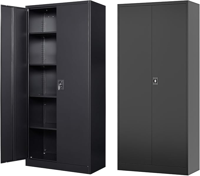 Fesbos Metal Storage Cabinet-72” Black Tall Steel File Cabinets with Lockable Doors and Adjustable Shelves-Black Steel Storage Cabinet for Kitchen, Office, Garage