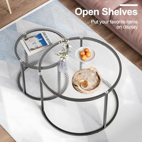 aboxoo Gold Nesting Coffee Table Set of 2, Small Glass Round Nesting Tables for Living Room Bedroom, Accent Tea Table with Black Metal Frame Modern Industrial Simple