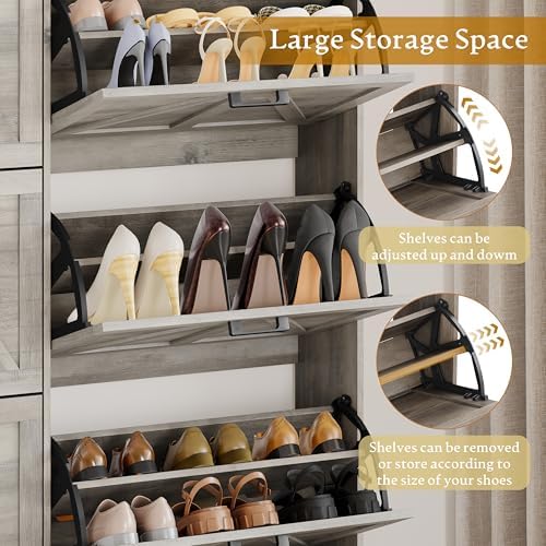 Wodeer Shoe Cabinet Storage for Entryway, Shoe Storage Cabinet with 6 Flip Drawers, Freestanding Narrow Shoe Rack Organizer with Metal Legs, Adjustable Shelves & Open Storage for Foyer, Hallway, Grey