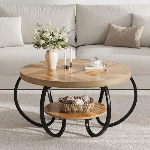 GarveeHome Round Coffee Table 30 in Center Table, 2-Tier Coffee Table Industrial Accent Tables with Adjustable Feet, Living Room Tables with Storage Shelf and Designed Wood Grain, Easy Assemble