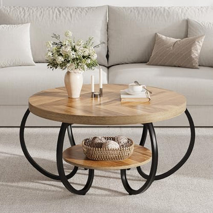 GarveeHome Round Coffee Table 30 in Center Table, 2-Tier Coffee Table Industrial Accent Tables with Adjustable Feet, Living Room Tables with Storage Shelf and Designed Wood Grain, Easy Assemble