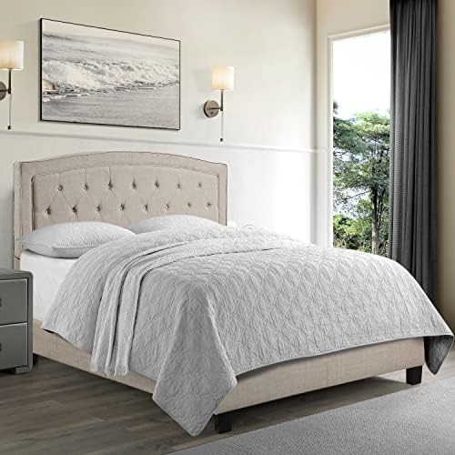 Rosevera Layla Panel Bed Frame with Adjustable Button-Tufted Headboard for Bedroom/Linen Upholstered/Wood Slat Support/Easy Assembly,Queen,Linen Beige