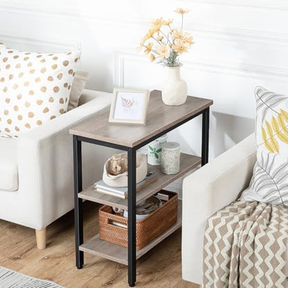 HOOBRO End Table, Simple Rustic Side Table with 3-Tier Storage Shelf, Narrow Nightstand for Small Spaces, Easy Assembly, for Living Room, Bedroom, Metal, Industrial Design, Greige and Black BG14BZ01