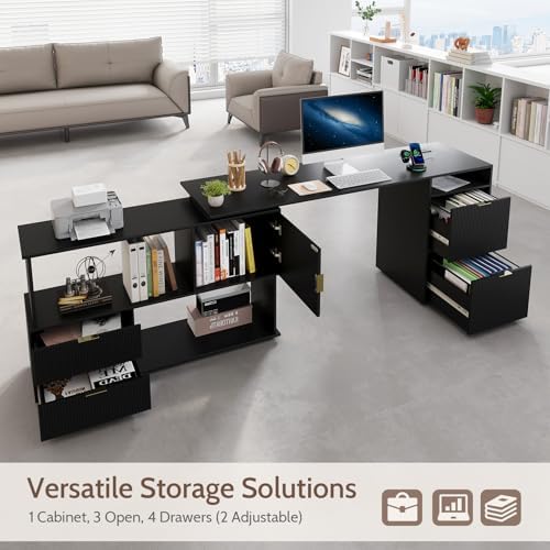 L-Shaped Desk with Drawers & Power Outlet, 180 Rotating Corner Computer Desk with Storage, 66 Inch Office Desk with 5-Drawer, Space-Saving Modern L-Shaped Workstation, Black