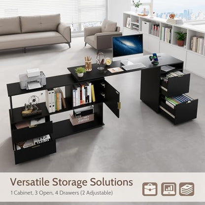 L-Shaped Desk with Drawers & Power Outlet, 180 Rotating Corner Computer Desk with Storage, 66 Inch Office Desk with 5-Drawer, Space-Saving Modern L-Shaped Workstation, Black