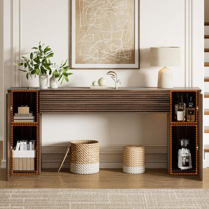 FABATO 70.8” Fluted Long Console Table with 2 Hidden Storage Cabinet Walnut