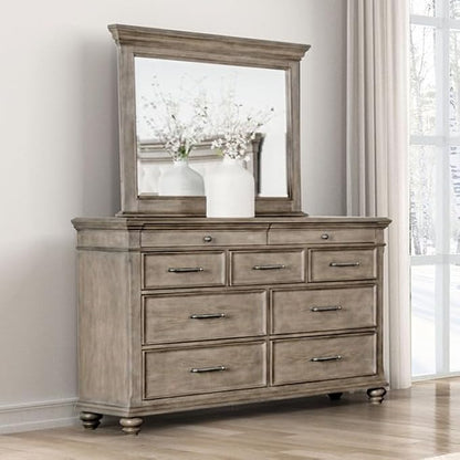 First of a Kind Philomath 4 Piece Queen Size Bedroom Furniture Set in Aged Oak - Transitional Upholstered Button Tufted Bed with Nail Head Trim Bedroom Collection