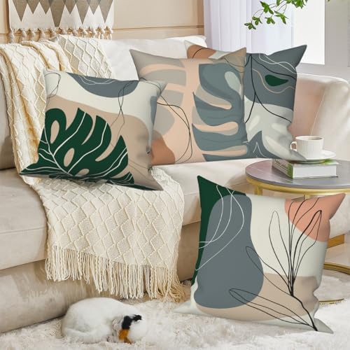 Abstract Leaves Throw Pillow Covers 16''x16'' Set of 4, Geometric Pattern Cushion Covers Minimalist Tropical Palm Trees Pillowcases for Couch Sofa Bedroom Farmhouse Livingroom Garden Patio