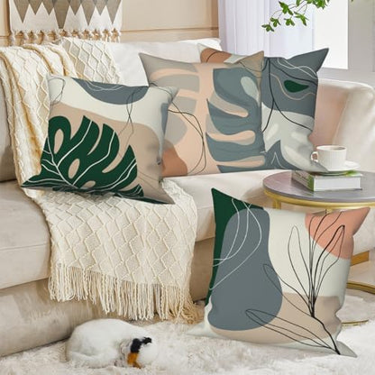 Abstract Leaves Throw Pillow Covers 16''x16'' Set of 4, Geometric Pattern Cushion Covers Minimalist Tropical Palm Trees Pillowcases for Couch Sofa Bedroom Farmhouse Livingroom Garden Patio