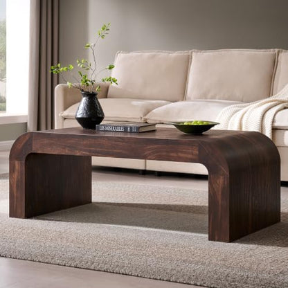 48" Modern Curved Coffee Table, Wood Minimalist Center Table, Brown
