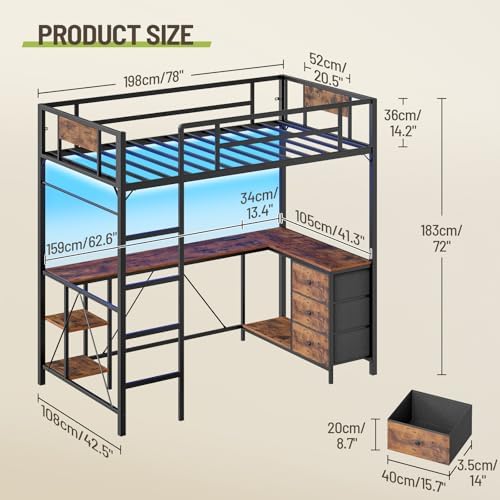 Twin Size Loft Bed with L-Shaped Desk, 3 Storage Drawers, Charging Station, Metal Kids Loft Bed Frame with LED Light & Ladder, Open Storage Shelves, No Box Spring Needed, Rustic Brown & Black
