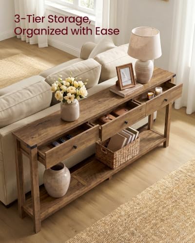 VASAGLE 63 Inche Narrow Console Table with 3 Drawers and Open Storage Shelf