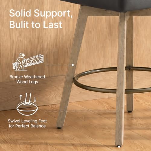 Counter Height Bar Stools Set of 4, Modern Swivel Barstools with Back and Wood Legs, Faux Leather Upholstered Bar Chairs, 26" Seat Height Counter Stools for Kitchen Island,Black