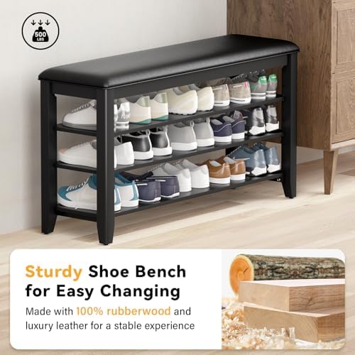Shoe Bench with 3 Tier Adjustable Shelves Rubberwood Entryway 39.4''