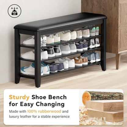 Shoe Bench with 3 Tier Adjustable Shelves Rubberwood Entryway 39.4''
