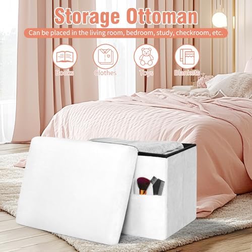 Small Ottoman with Storage, Folding Fur Ottoman Foot Rest for Dorm, White