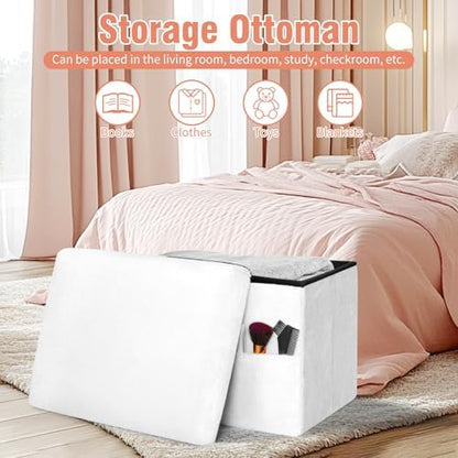Small Ottoman with Storage, Folding Fur Ottoman Foot Rest for Dorm, White