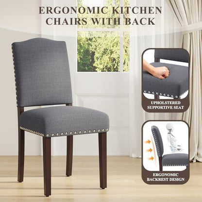 MALOL Upholstered Parsons Dining Chairs Set of 2, Modern Dining Room Chairs with Back, Fabric Kitchen Side Chairs with Wood Legs, Nailhead Trim for Dinner Farmhouse Restaurant, Darkgrey
