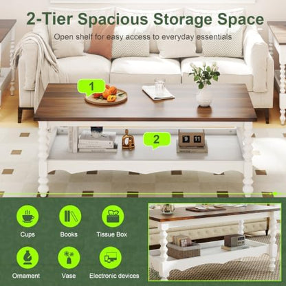 YOSHOOT Wood Coffee Table, Classical Coffee Tables, Center Table for Living Room, White 120