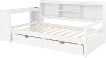 Bellemave Twin Corner Bed Frame with Desk and Storage Shelves,Charging Port, Wood Twin Size Daybed with Bookcase and Drawers, White