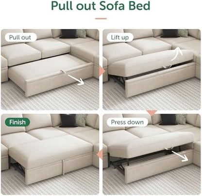 HONBAY Modular Sectional Sleeper Sofa Bed, Sectional Couch with Pull Out Bed U Shaped Modular Couch with Storage Ottoman for Living Room, Beige