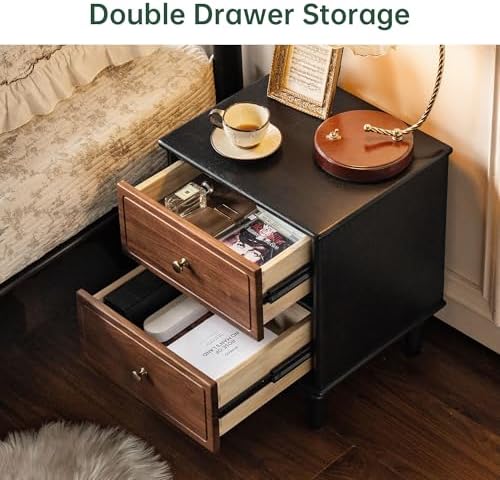 100% Solid Wood Nightstand, Mid Century Modern Night Stand with Drawers, Wooden Nightstands for Bedroom, Small Night Stands Bedside Tables (Black/Walnut, 19.69" H)