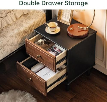 100% Solid Wood Nightstand, Mid Century Modern Night Stand with Drawers, Wooden Nightstands for Bedroom, Small Night Stands Bedside Tables (Black/Walnut, 19.69" H)