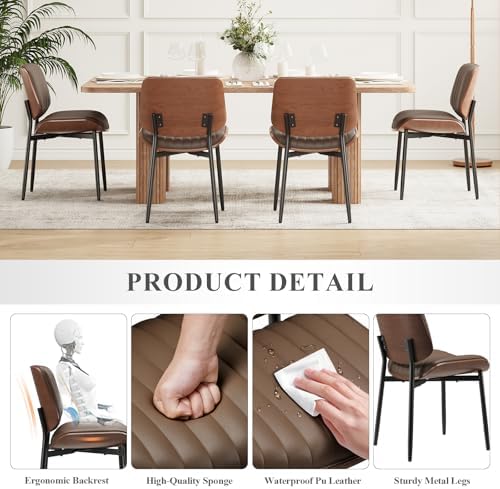 MALOL Leather Dining Chairs Set of 2, Modern Upholstered Dining Room Kitchen Chairs with Metal Legs and Wooden Back Support for Home Dining Room/Restaurant, Brown