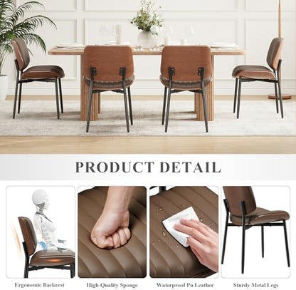 MALOL Leather Dining Chairs Set of 2, Modern Upholstered Dining Room Kitchen Chairs with Metal Legs and Wooden Back Support for Home Dining Room/Restaurant, Brown