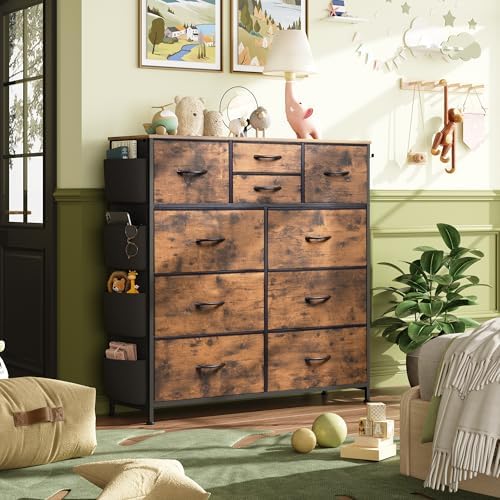 WLIVE 10 Drawer Fabric Dresser for Bedroom, Side Pocket Chest, Rustic Brown