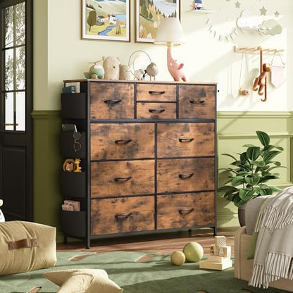 WLIVE 10 Drawer Fabric Dresser for Bedroom, Side Pocket Chest, Rustic Brown