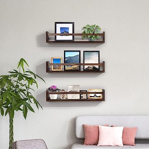 AZSKY Nursery Book Shelves 24 Inch Deep Walnut Floating Bookshelf for Kids Room Wall Mounted Floating Shelves Solid Nursery Bookshelf Perfect Decor for Kitchen Bedroom Living Room Set of 3