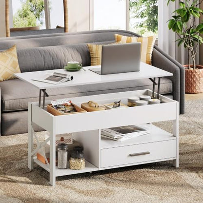 WLIVE Lift Top Coffee Table with Drawer, White