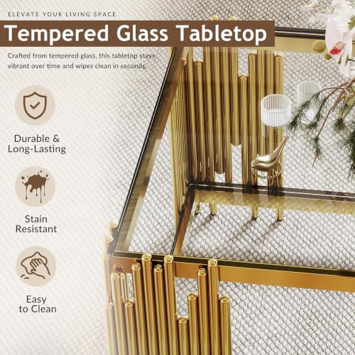 51" Luxury Glass Coffee Table Set of 4, Modern Console Table with 2 End Tables, Clear Tempered Glass Top & Golden Stainless Steel Leg, 4-Piece Living Room Table Set for Apartment Home Decor