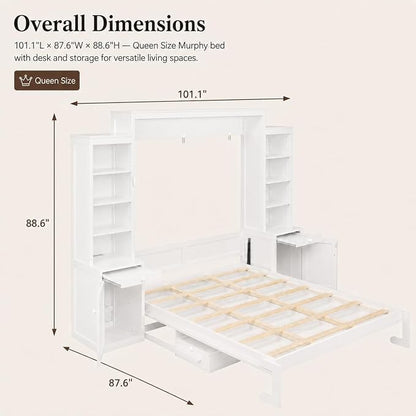 Queen Murphy Bed with Desk, Wall Bed Cabinet with Storage Shelves, Enclosed Cabinets and Hidden Foldout Workstation, Folding Cabinet Bed, Space Saving Bed for Guest Room, Home Office (Antique White)