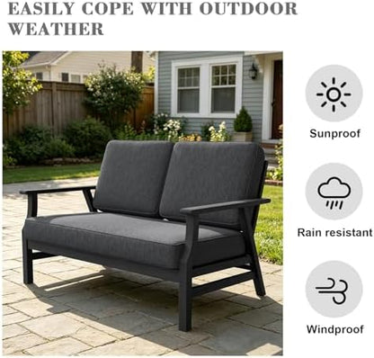 Pia Ricoo Outdoor Premium Teak Wood Loveseat with Armrests, All‑Weather Outdoor Furniture for Backyard, Deck, Lawn, Dark/Dark