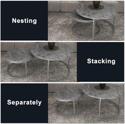 Nesting Coffee Table Set of 2, 31.5" Round Coffee Table Wooden Marble Pattern Accent Furniture, Industrial End Table for Living Room Bedroom Balcony (Gray/Gray)