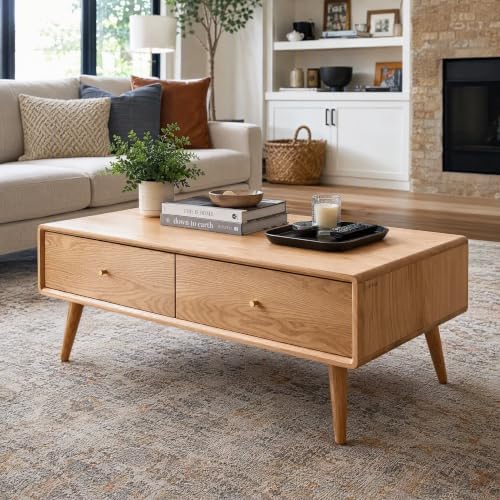 Fully-Assembled 100% Oak Wood Coffee Table with Storage for Living Room