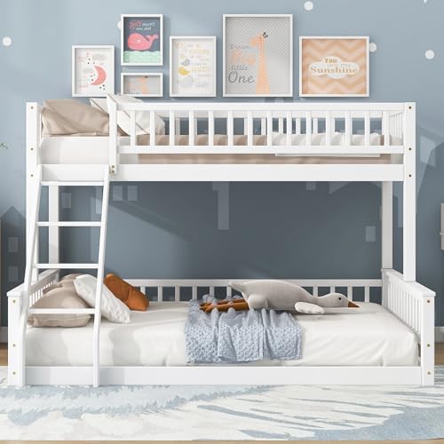 DNYN Twin XL Over Queen Bunk Bed for Kids Bedroom,Solid Wood Convertible Bedframe w/Ladder & Safety Guardrails,Can be Separated & Easy Assembly & Super Save Space & No Box Spring Needed, White