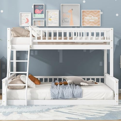 DNYN Twin XL Over Queen Bunk Bed for Kids Bedroom,Solid Wood Convertible Bedframe w/Ladder & Safety Guardrails,Can be Separated & Easy Assembly & Super Save Space & No Box Spring Needed, White