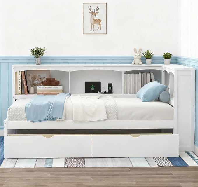 Bellemave Twin Corner Bed Frame with USB Ports, Wood Twin Size Daybed with L-Shaped Bookcase and 2 Drawers，Daybed with Storage Cabinets, White