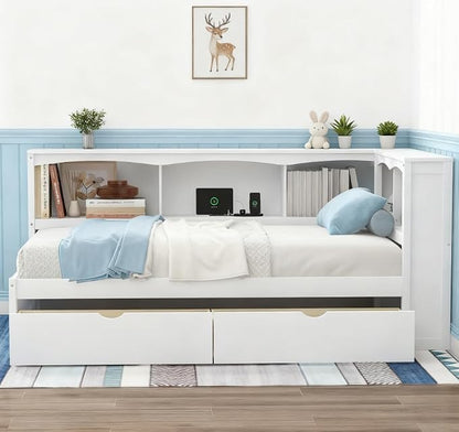 Bellemave Twin Corner Bed Frame with USB Ports, Wood Twin Size Daybed with L-Shaped Bookcase and 2 Drawers，Daybed with Storage Cabinets, White