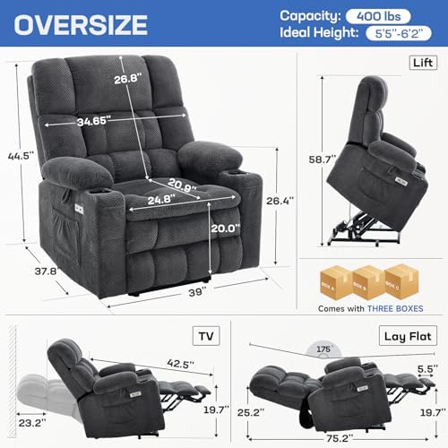 Tami Tami Dual Motor Power Lift Chair Recliner for Elderly with Massage and Heat, Infinite Position Electric Lift Recliner with Adjustable Headrest, USB (T6015 - Plush Fabric, Dark Gray, Oversized)