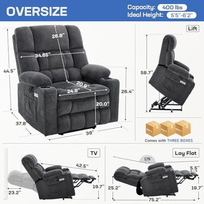 Tami Tami Dual Motor Power Lift Chair Recliner for Elderly with Massage and Heat, Infinite Position Electric Lift Recliner with Adjustable Headrest, USB (T6015 - Plush Fabric, Dark Gray, Oversized)