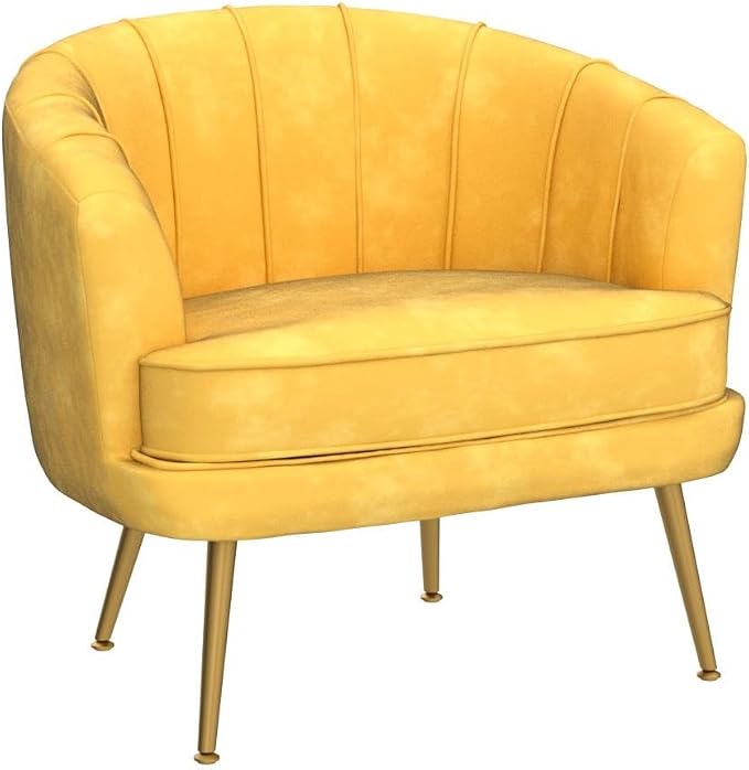 Andeworld Velvet Accent Chair, Upholstered Modern Single Sofa Side Chair,Comfy Barrel Club Living Room Armchair with Golden Metal Legs for Bedroom Living Reading Room Office, Yellow