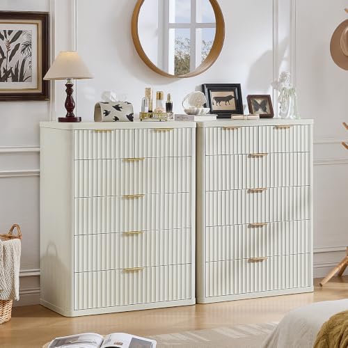 LEYAOYAO Fluted 6 Drawers Dresser for Bedroom Set of 2, 42" Tall Modern Chest of Drawers with Metal Handle, Curved Profile Design,Wood Drawer Organizer for Bedroom, Living Room,Antique White