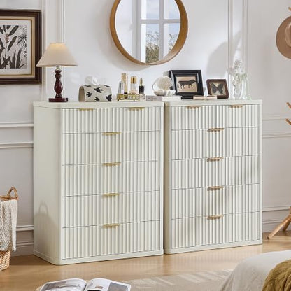 LEYAOYAO Fluted 6 Drawers Dresser for Bedroom Set of 2, 42" Tall Modern Chest of Drawers with Metal Handle, Curved Profile Design,Wood Drawer Organizer for Bedroom, Living Room,Antique White